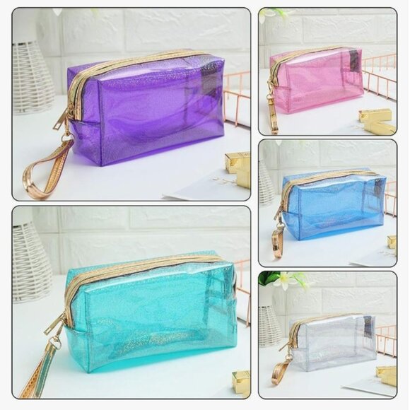 Glitter Translucent Cosmetic Makeup Bag Zippered Travel Toiletry Wristlet - Picture 2 of 7